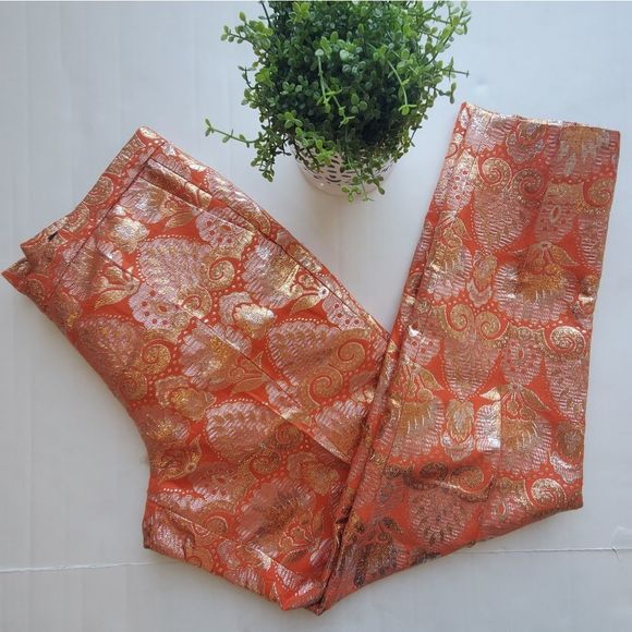 J. Crew Orange and Gold Jacquard Ankle Pants, Size 4